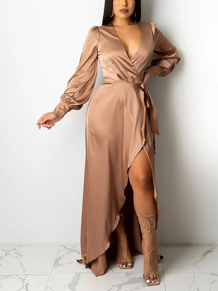 Satin High Low Flowy Maxi Dress Maxct