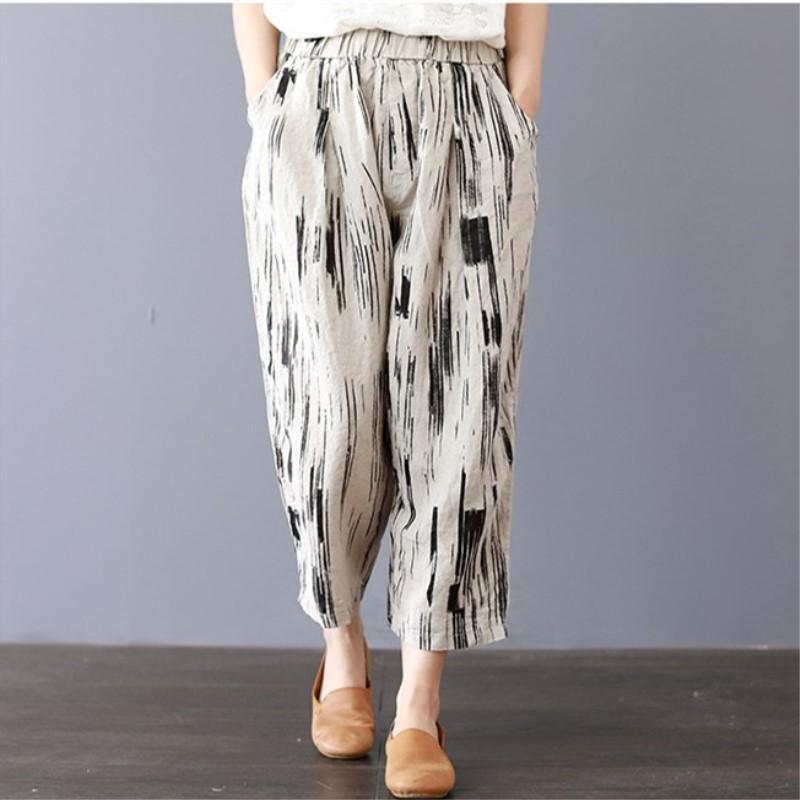 Casual Cotton Linen Striped Wide Leg Harem Pants