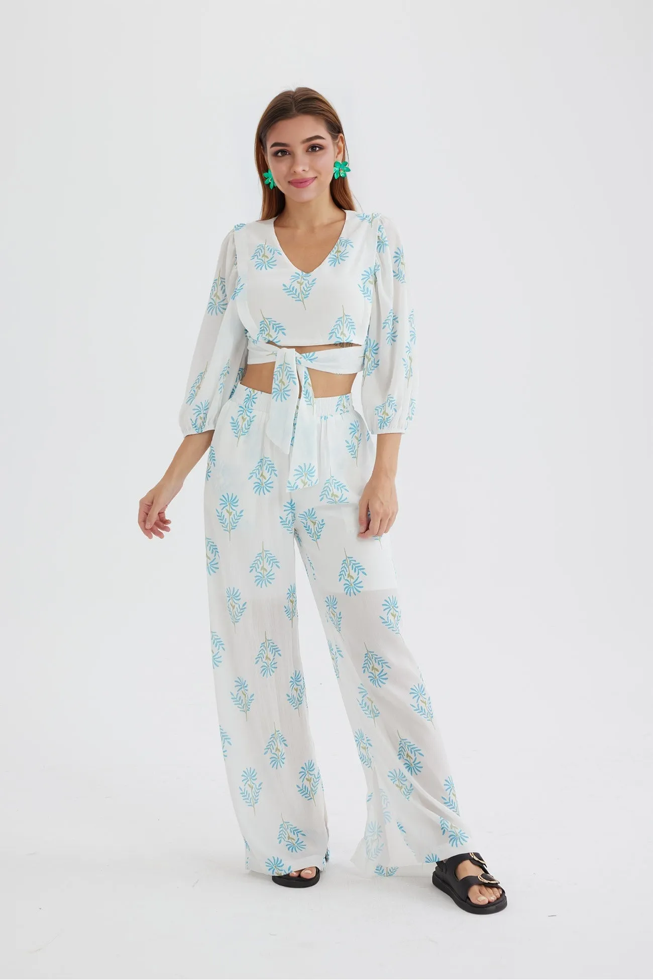 Maxct Floral Print Puff Sleeve Knotted-front Tops Long Pants Suits