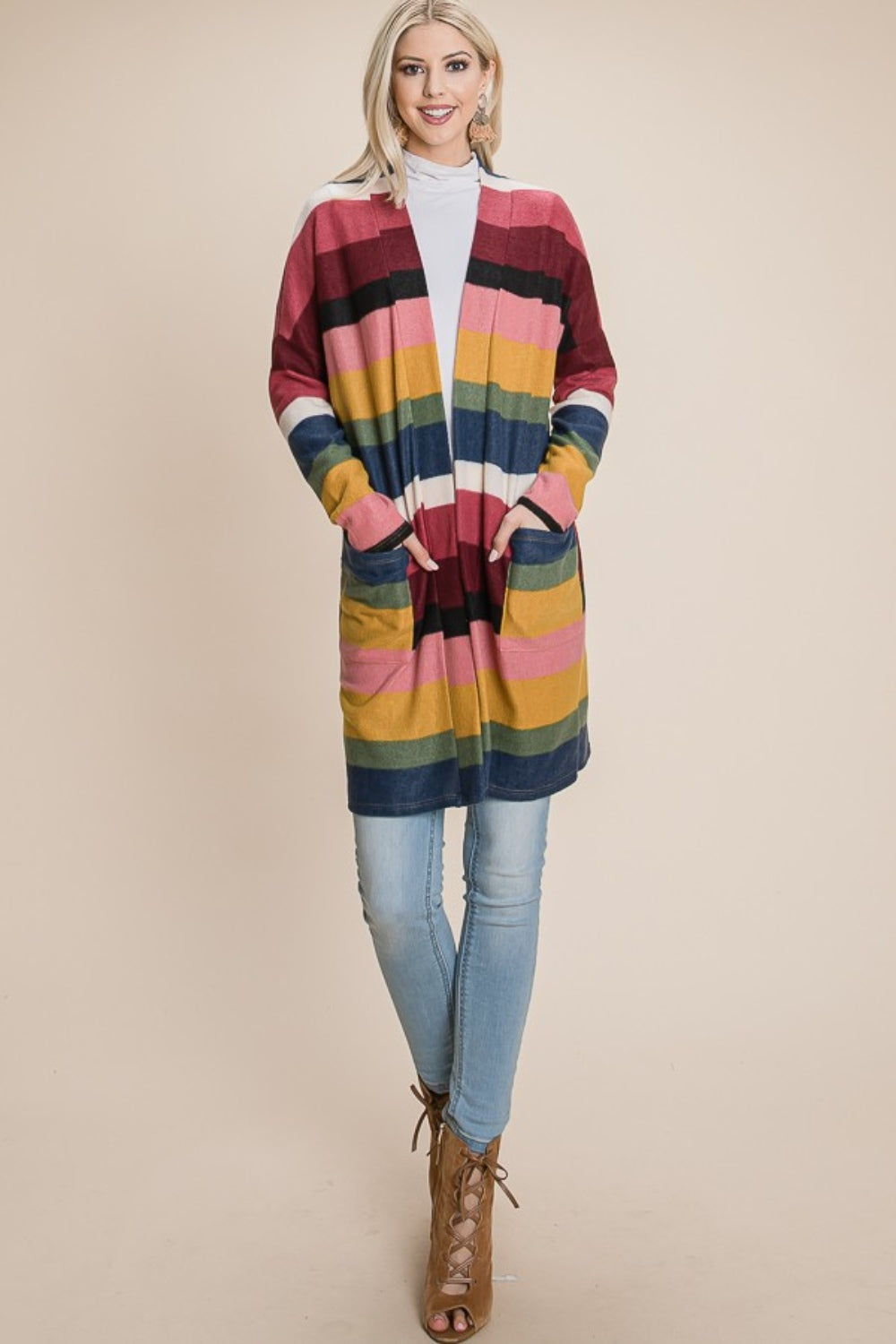 Maxct &BOMBOM Color Block Striped Open Front Cardigan