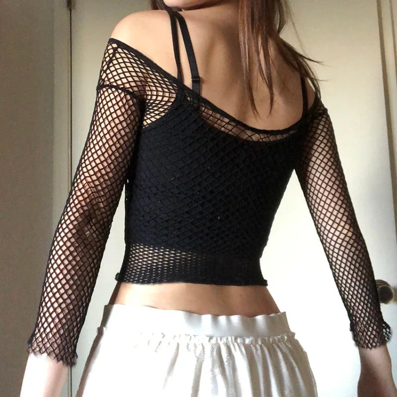 Maxct Harajuku Hollow Out See Through Crop Top Gothic Fishnet Mesh T-Shirts Grunge Mall Goth Women Summer Beach Cover-ups