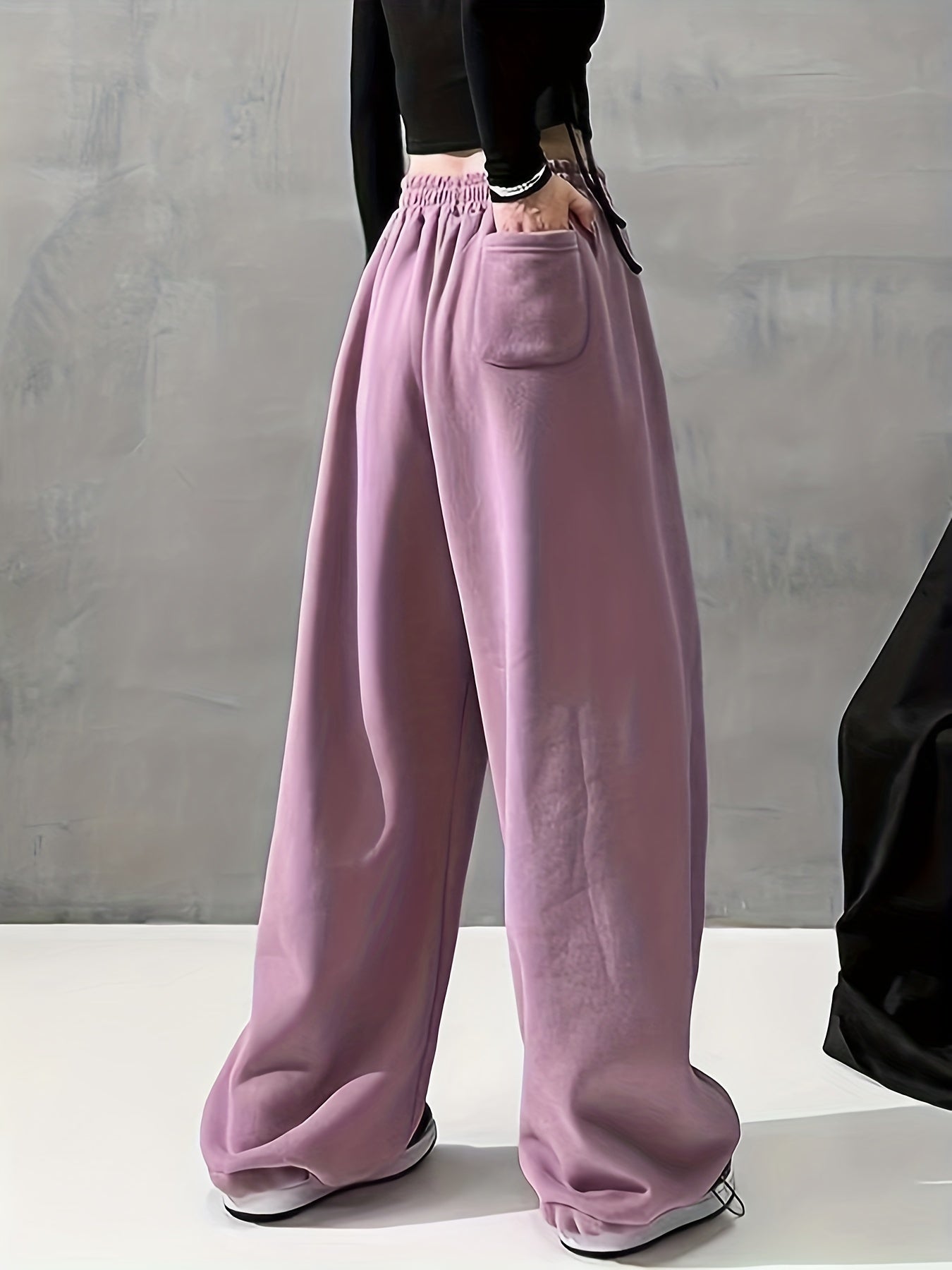 Maxct  Solid Comfy Wide Leg Pants, Casual Elastic Waist Loose Pants With Pocket, Women's Clothing