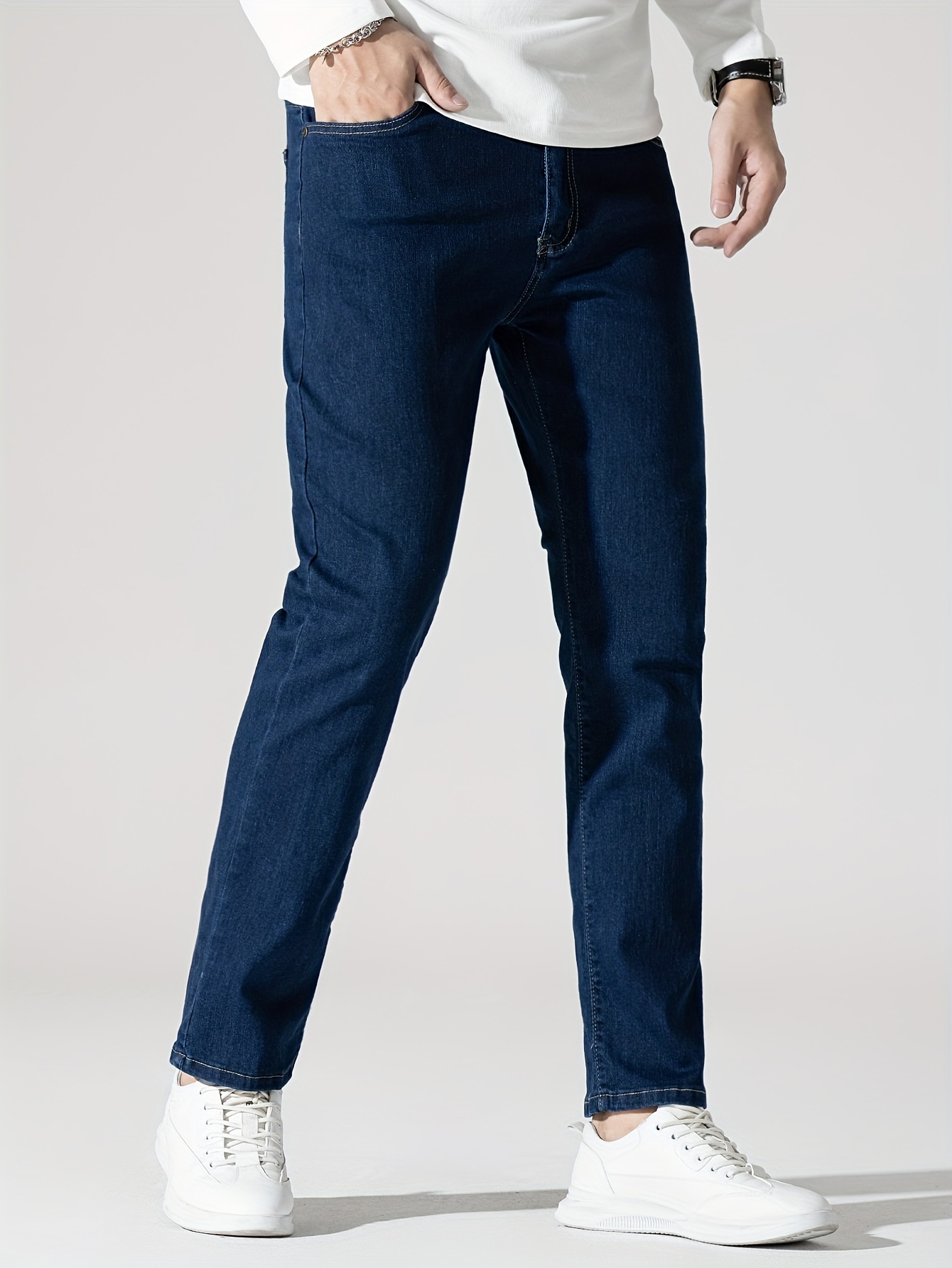Men's High Stretch Jeans For Business, Slim Fit Denim Pants With Pockets For Spring Fall