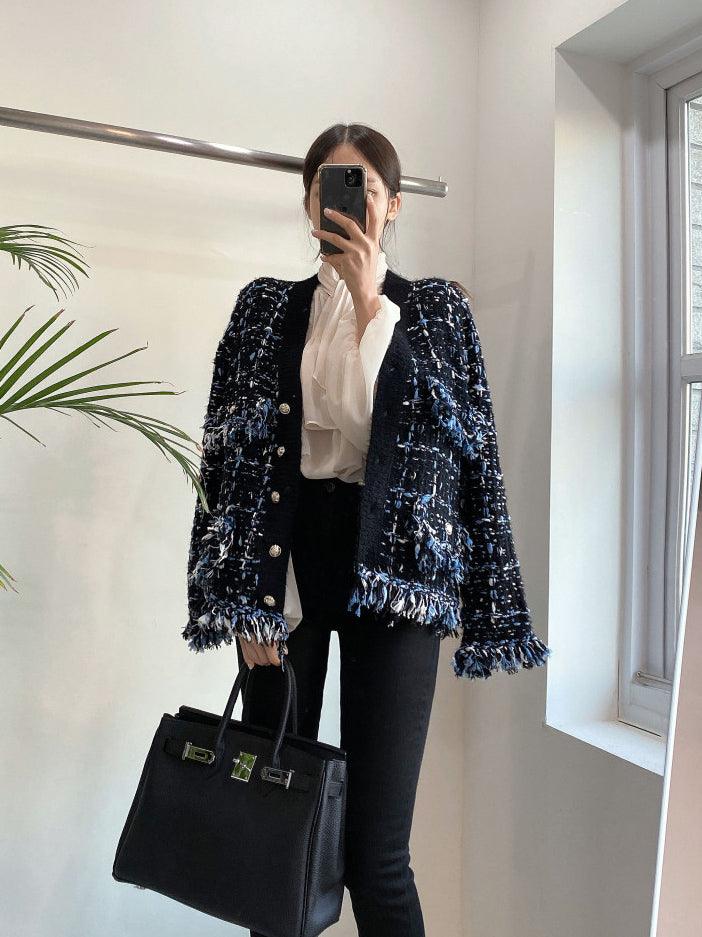 Maxct Vintage V-Neck Fringed Frayed Mélange Knit Cardigan