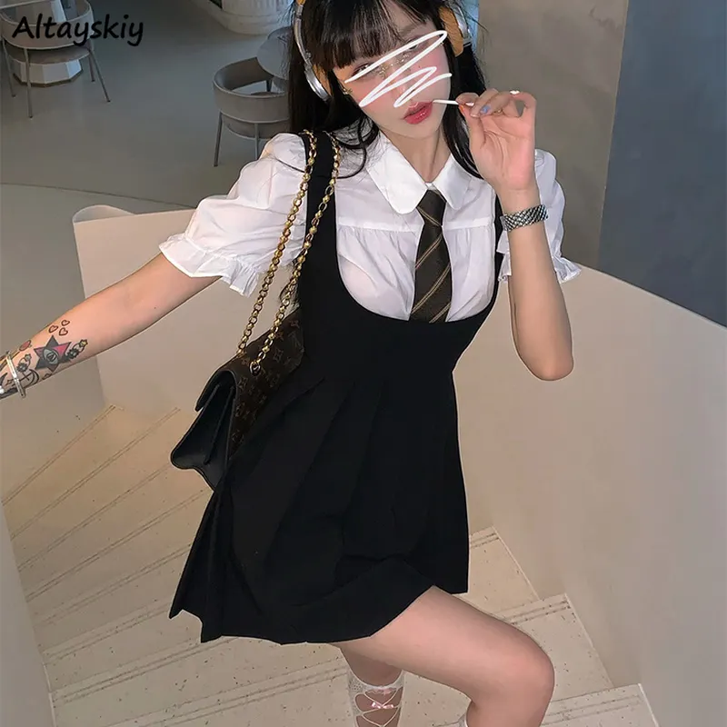 Maxct Women Dress Sets Preppy Style Slim High Street Girl Sweet Ins Puff Sleeve Shirts Pleated Dresses Student Harajuku Ulzzang JK Hot