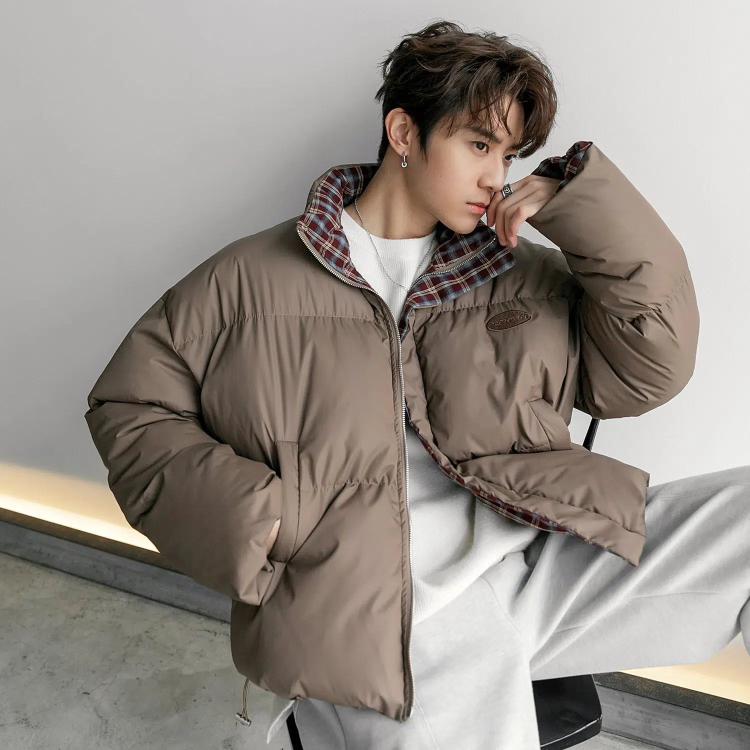Maxct Short Double-Side Plaid Puffer Jacket