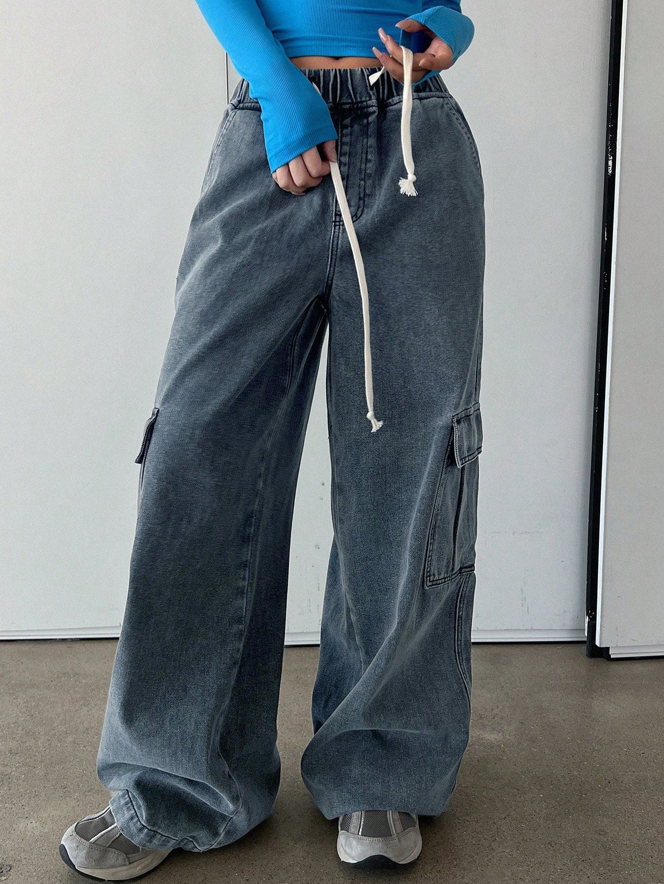 Maxct Women's Drawstring Waist Wide Leg Loose Casual Denim Pants With Pockets