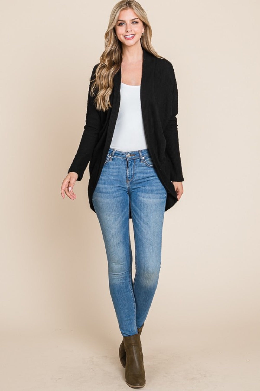 Maxct &BOMBOM Open Front Waffle Knit Cocoon Cardigan