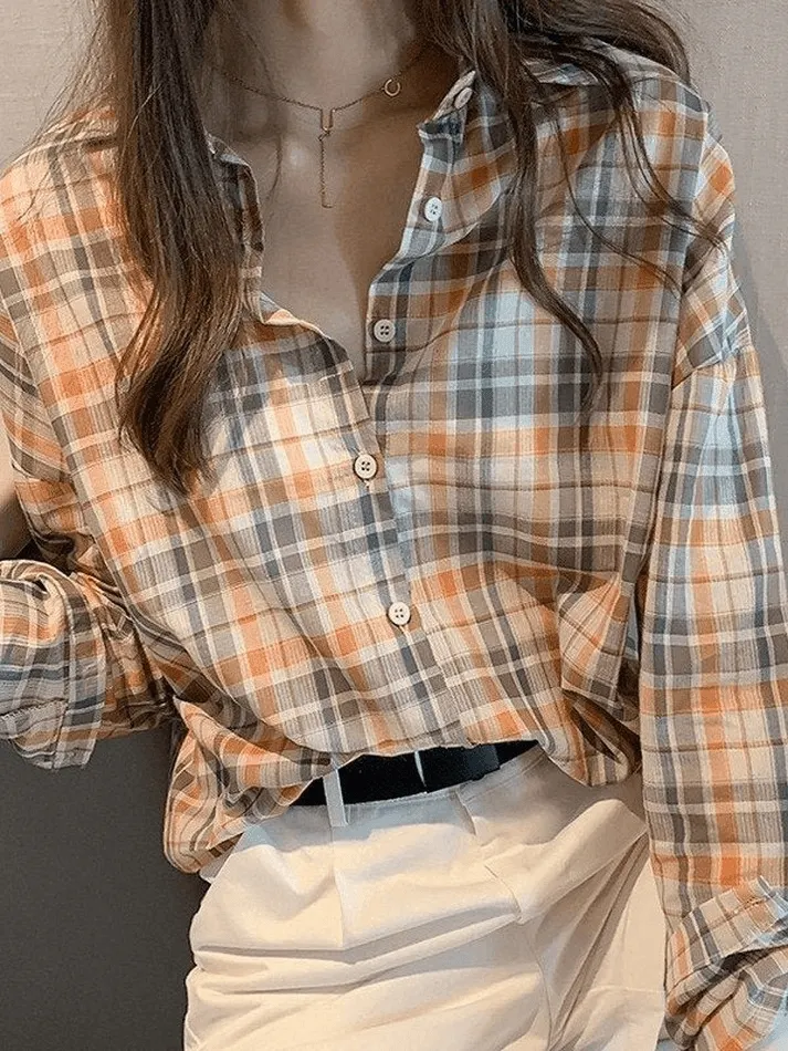 Maxct Vintage Checkered Long Sleeve Button Blouse