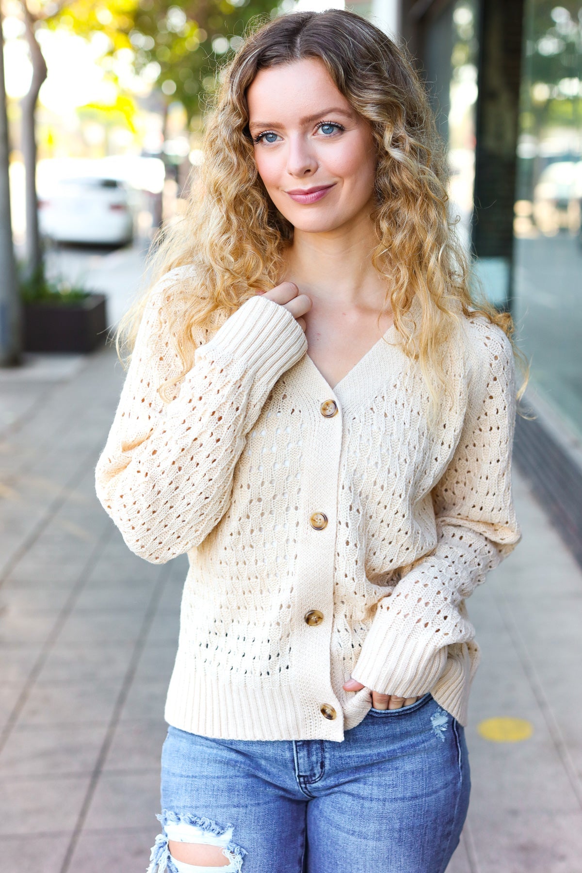 Maxct &Follow Me Oatmeal Pointelle Knit Button Down Cardigan