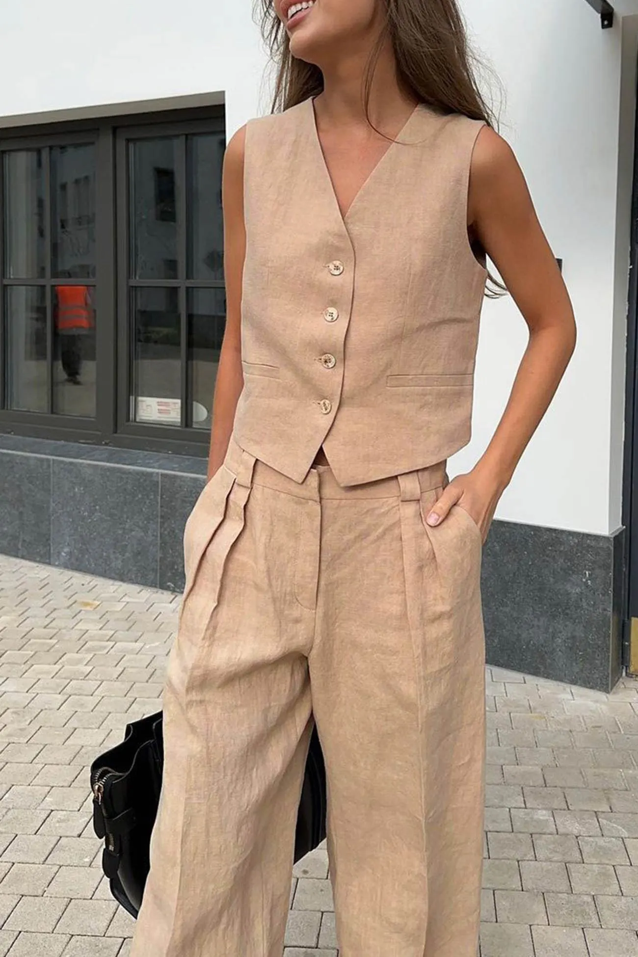 Maxct Cotton Linen Tank Top Pants Suits