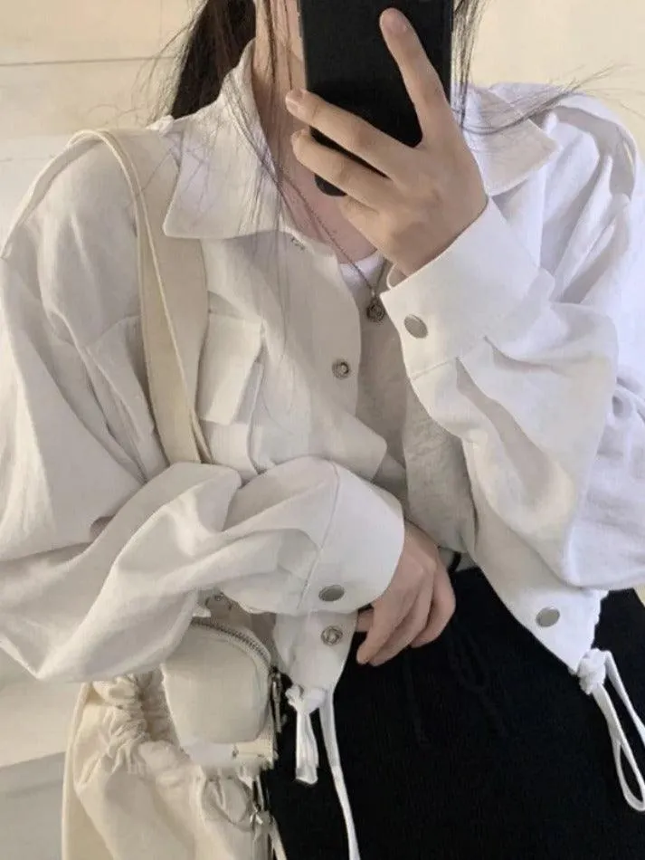 Maxct Lapel Neck Snap Button Drawstring Short Long Sleeve Blouse