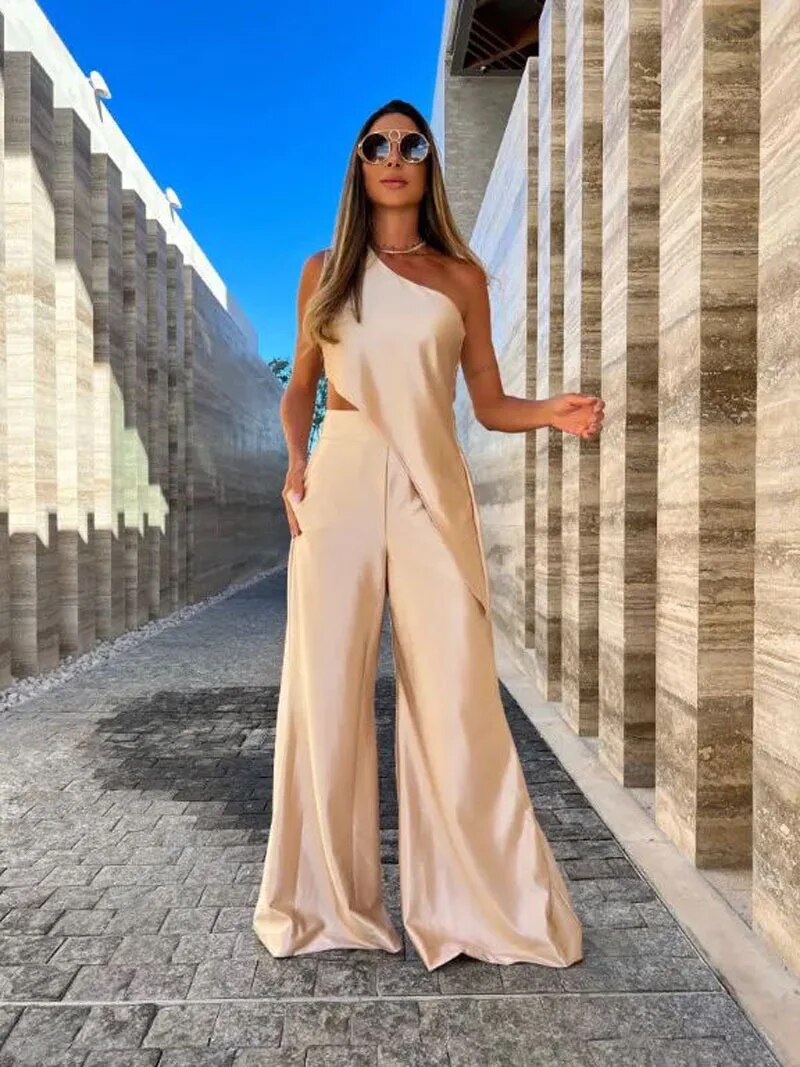 Maxct Solid Female Pant Two piece Set Skew Collar Sleeveless Top High Waist Wide Leg Pants Suit Elegant Evening Party Women Set