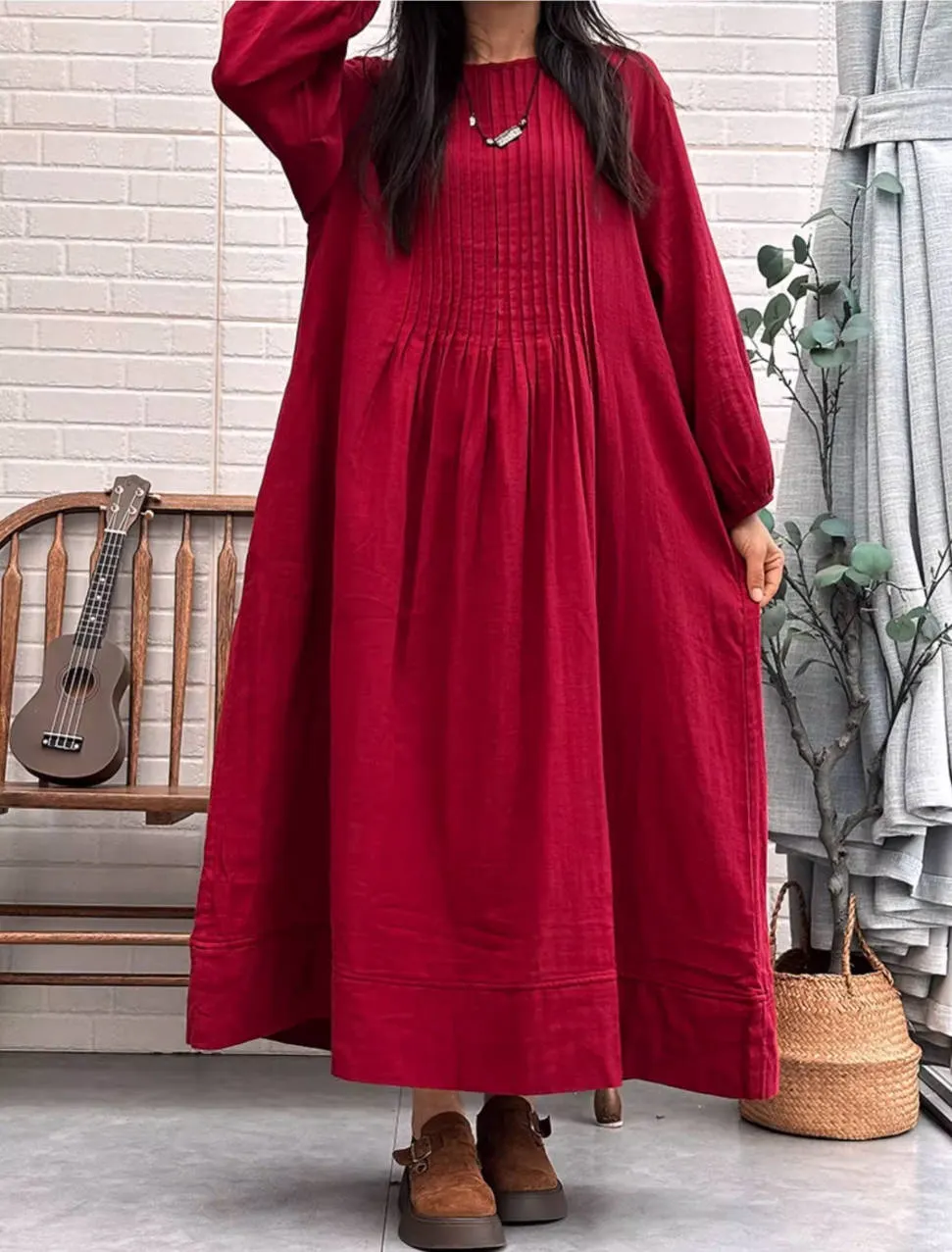 Solid Color Cotton Plus Size Loose Long Sleeves Dress