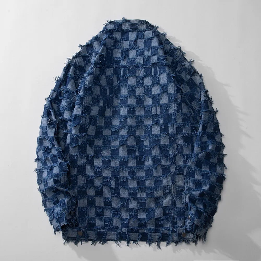 Maxct &Men's Retro Blue Plaid Tassel Denim Jacket