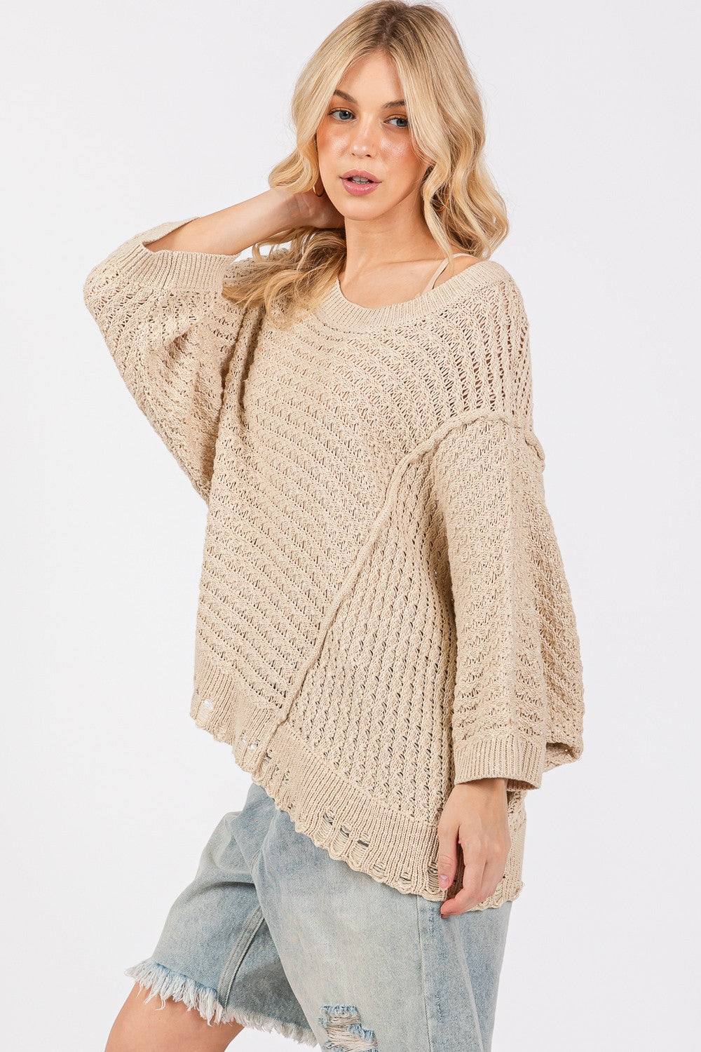 Maxct &SAGE + FIG Distressed Asymmetrical Open Stitch Sweater