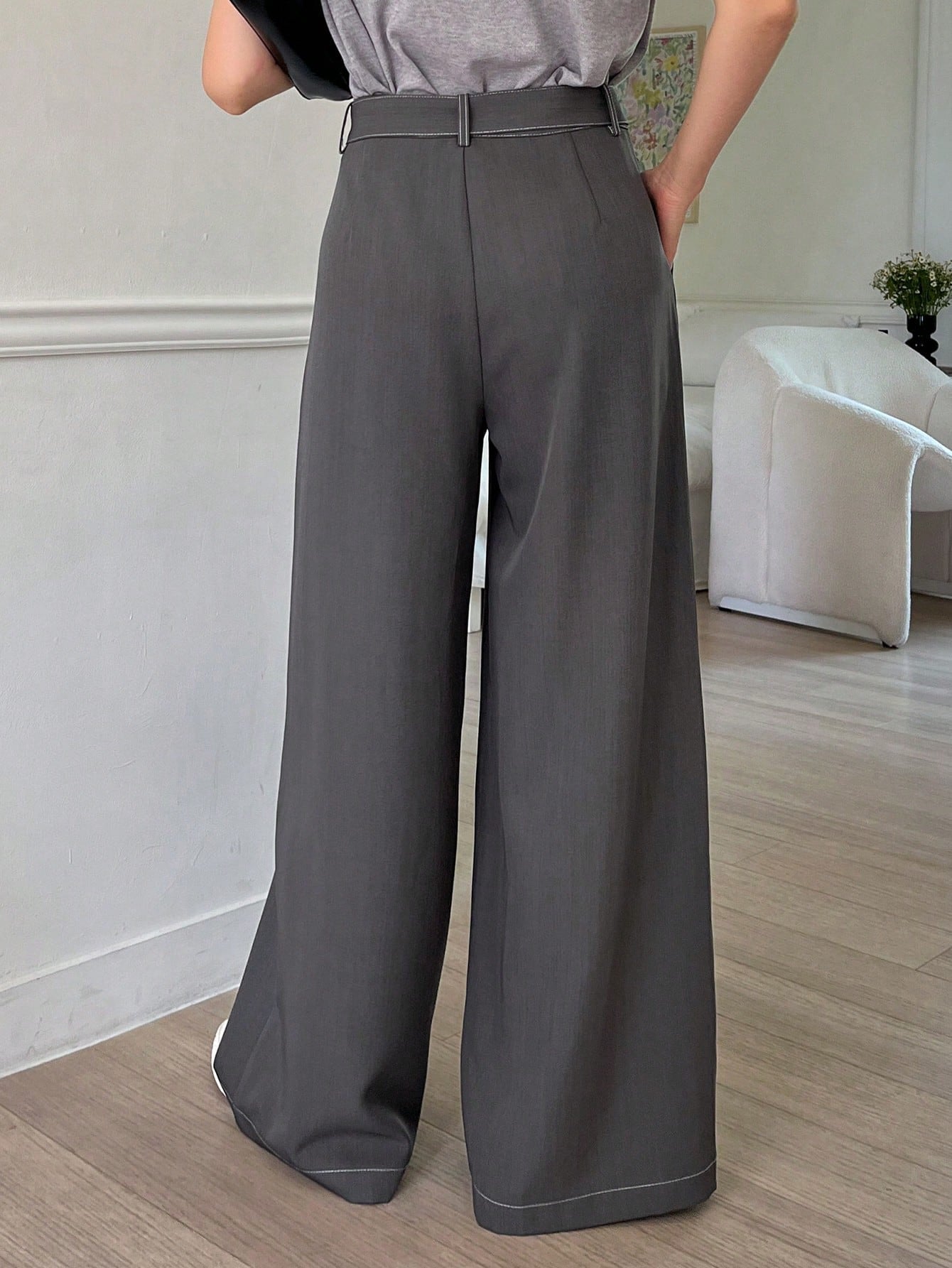 Maxct Stitching Decor Belted Wide-Leg Trousers With Pockets For Women's Suit Pants