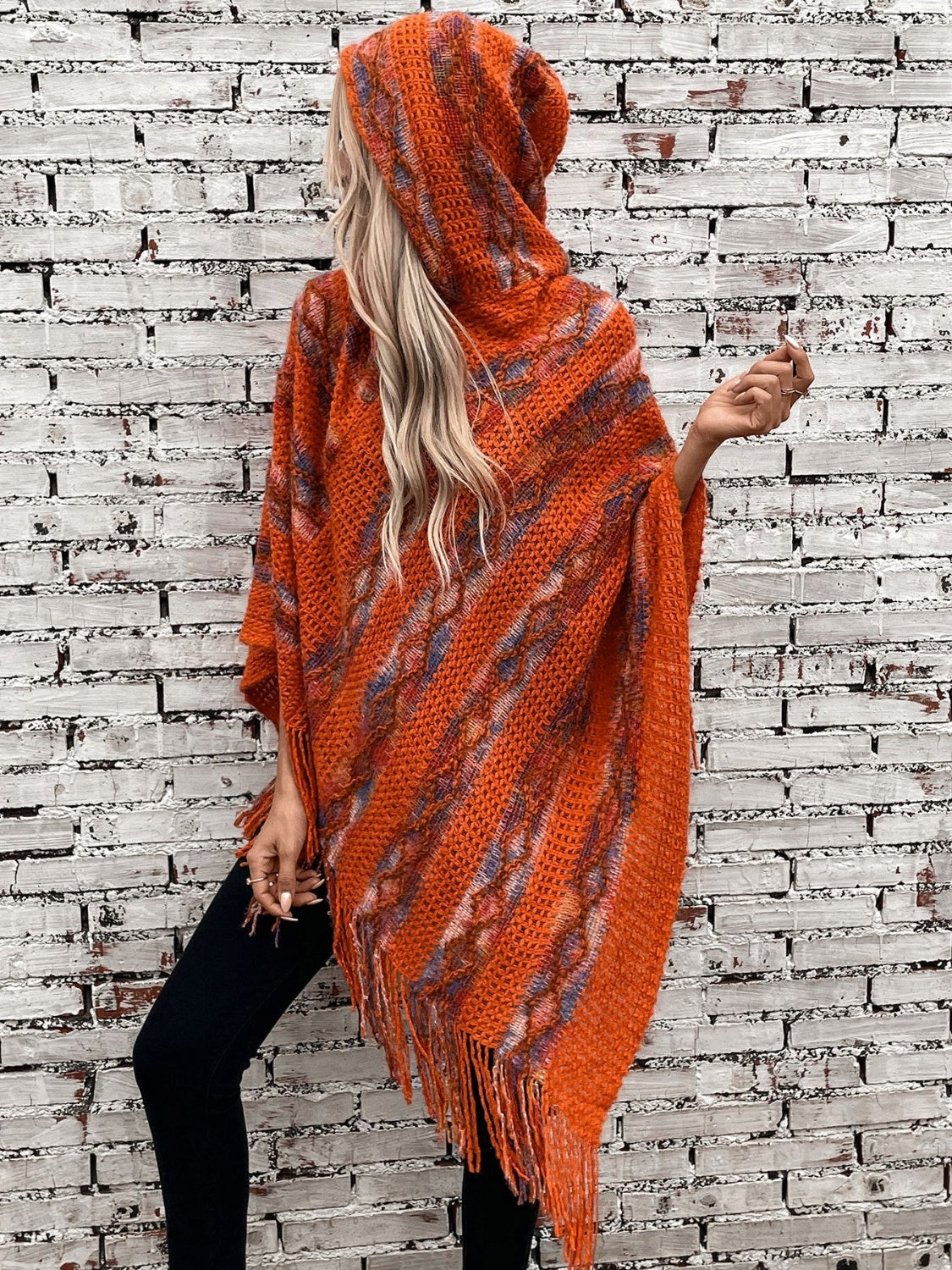 Maxct &Fringe Contrast Hooded Poncho