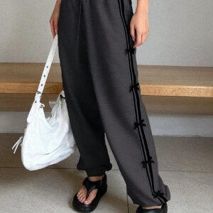 Maxct Loose Long Harem Women's Pants With Elastic Waistband And Woven Bow Decoration