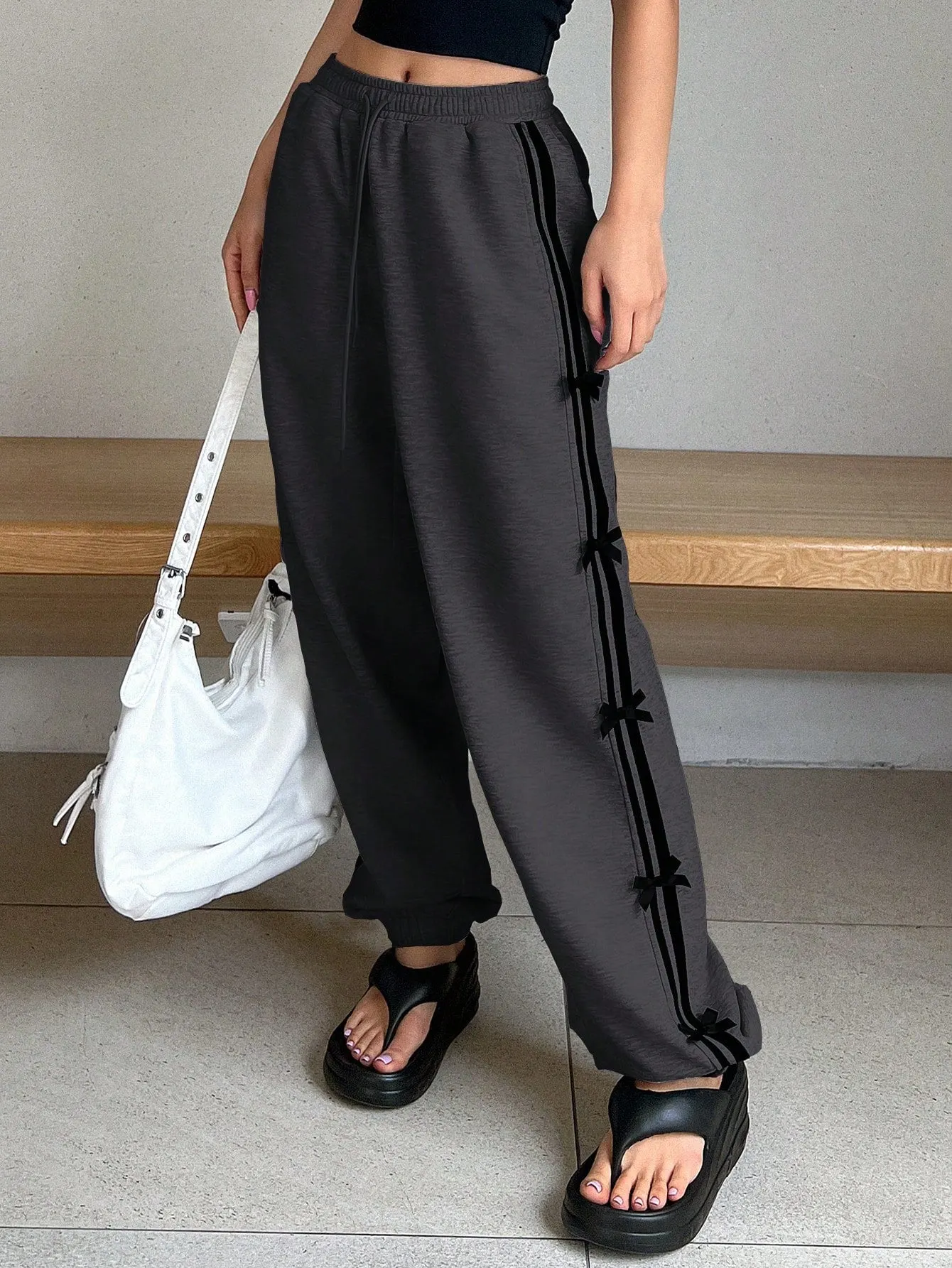 Maxct Loose Long Harem Women's Pants With Elastic Waistband And Woven Bow Decoration