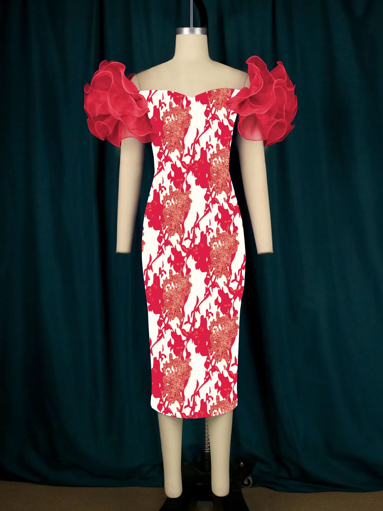 Maxct Am0631 Mesh Sleeve Stitching Printed Hip Skirt Midi Dress Party Evening Dress Dress Women Dress