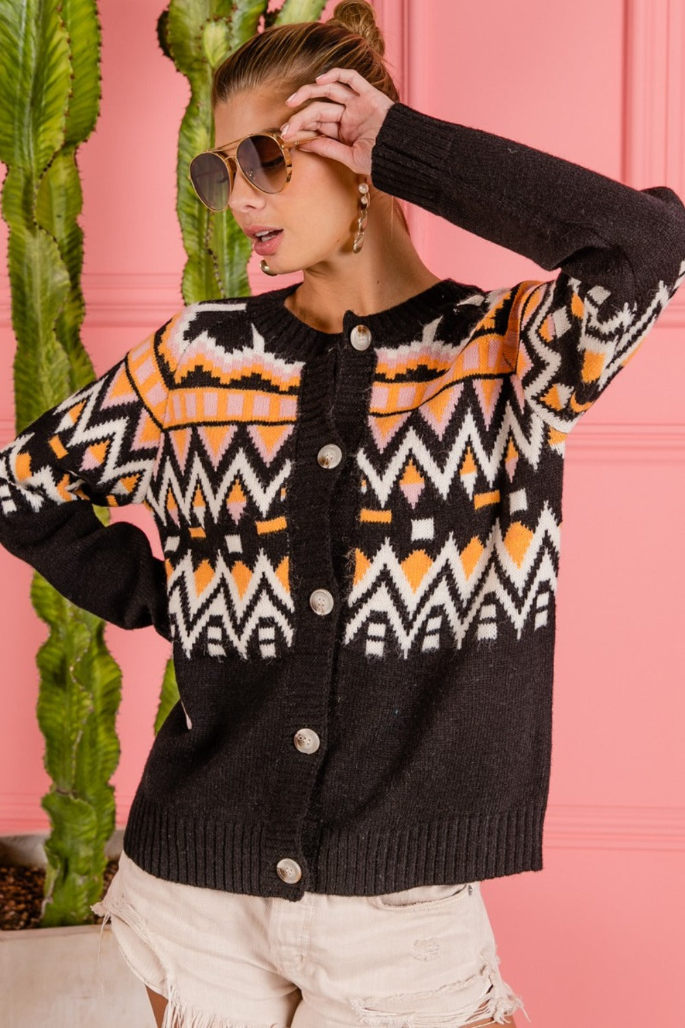 Maxct &BiBi Ethnic Pattern Button Up Knit Cardigan