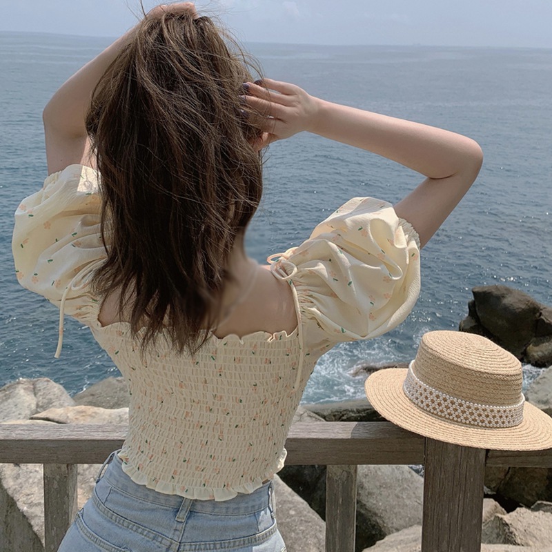 Maxct Sweet Floral Shirt Women French Vintage Square Collar Puff Sleeve Folds Elastic Slim-Fit Crop Top Chic