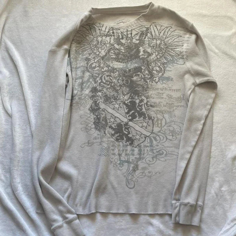 Maxct Mall Goth 2000s Retro Pullovers Tops Vintage Graphics Y2K Loose T Shirt Chic Aesthetic Autumn Long Sleeve Tees Grunge Streetwear