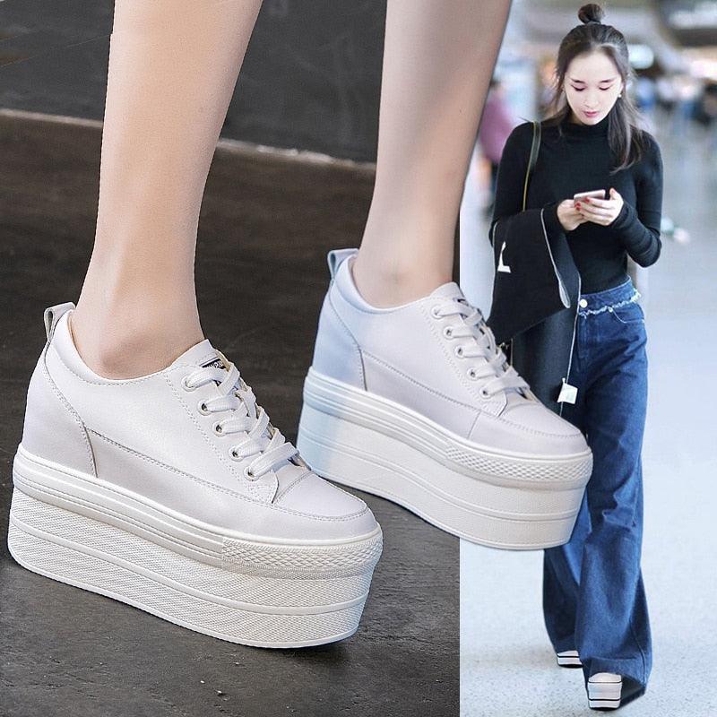 12cm Leather Vulcanized Shoes for Women Maxct