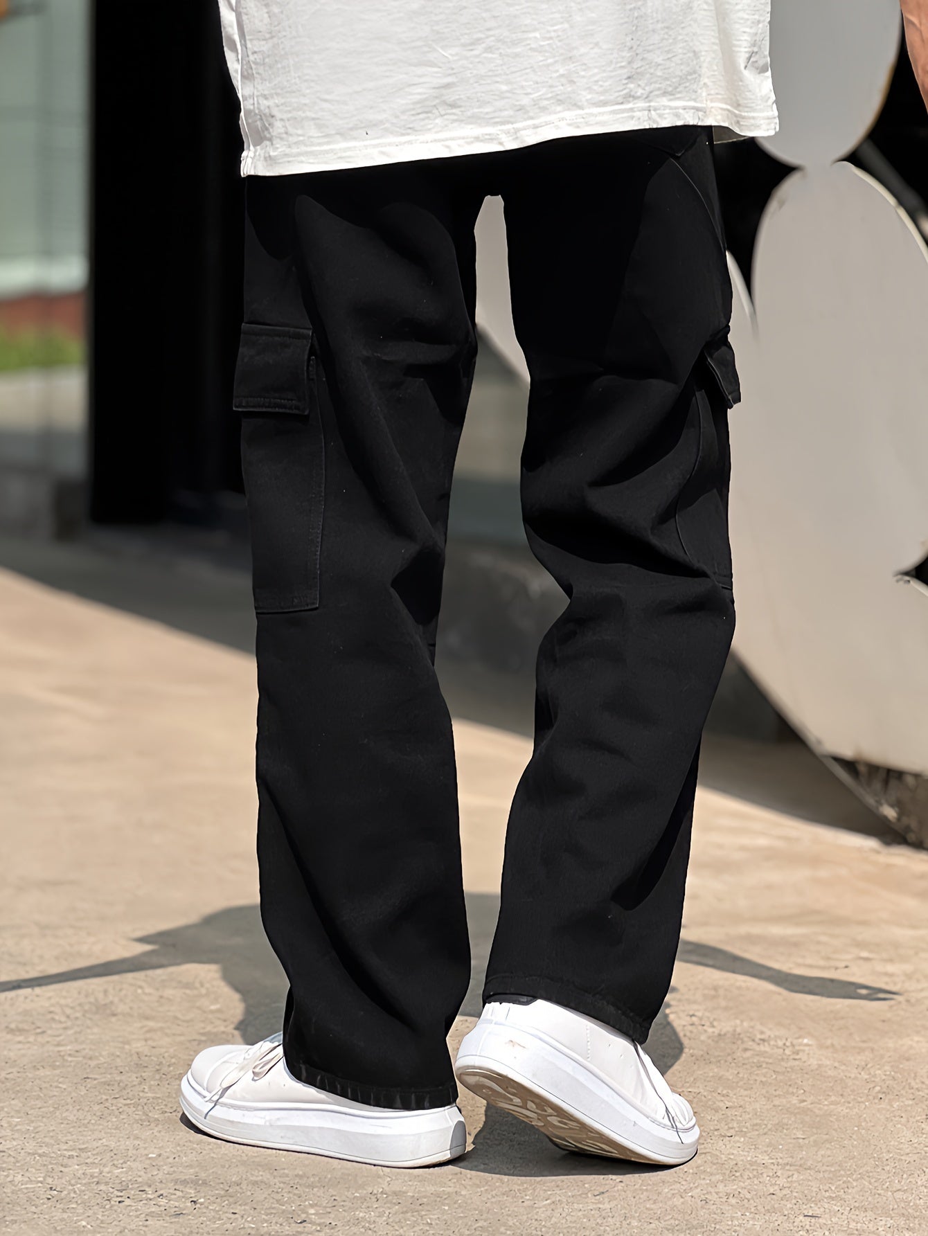 Maxct  Loose Cotton Blend Men's Solid Wide Leg Pants, Men's Casual Denim Pants, All Seasons