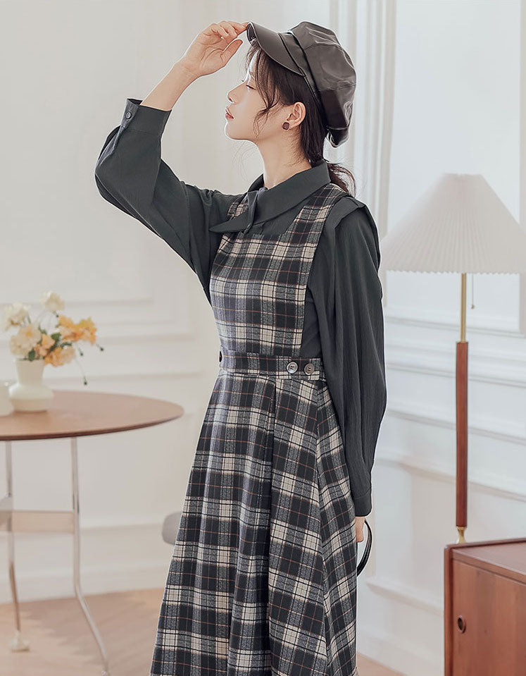 Crepe Plaid Pinafore Dress Set Maxct