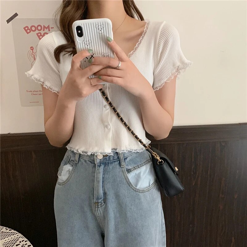 Maxct Women Patched Lace O-Neck Knitted Short Sleeve Thin Sweaters Cardigans Lady Single-breasted Buttons Sweater Crop Tops Female