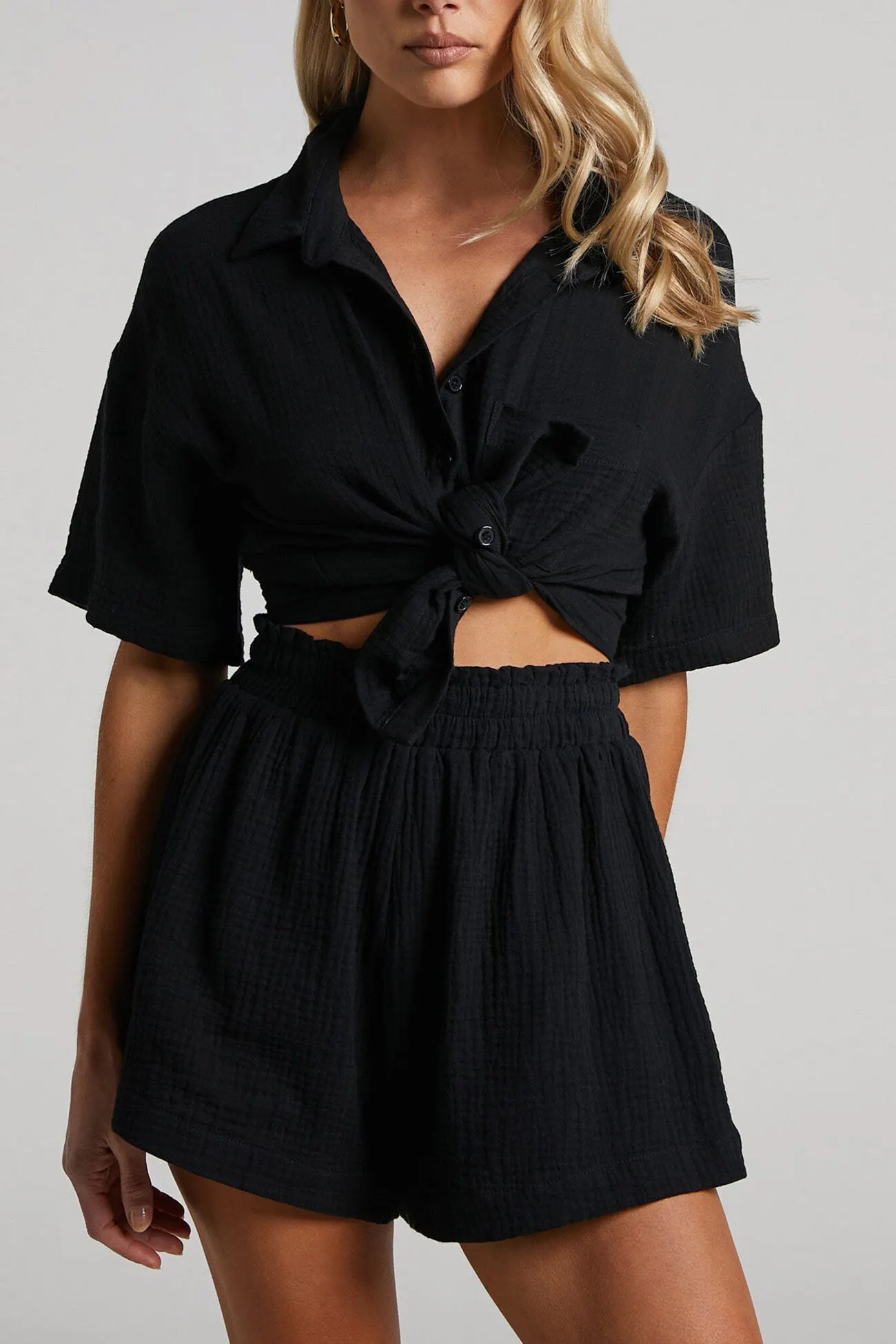 Maxct Solid Color Short Sleeve Shirt Cotton Two-piece Shorts Set