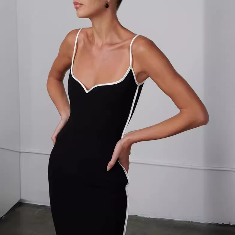 Maxct prom dresses Summer Women's Contrast Color Sling Sexy Backless Sheath Slim Fit Dress Women
