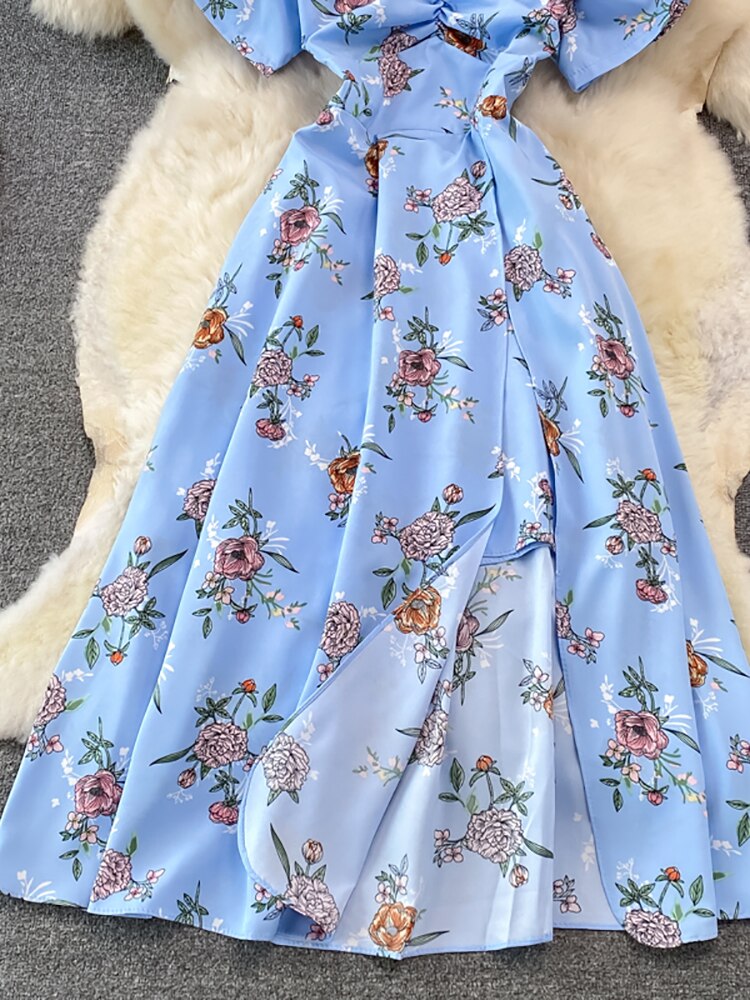 Vintage Women Printed Dresss Sexy Square Collar Short Puff Sleeve High Waist A-Line Vacation Beach Vestidos Female New