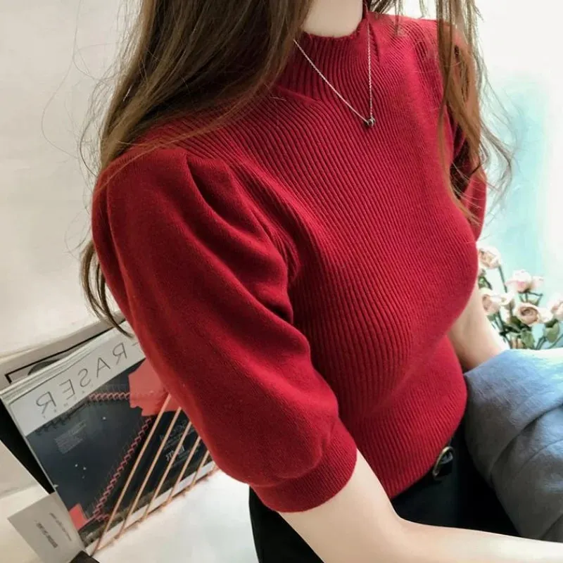 Maxct Turtleneck Knitted T-shirts Tops Woman Slim Short Puff Sleeve Buttons Soft Solid Autumn T-shirt Tee Female