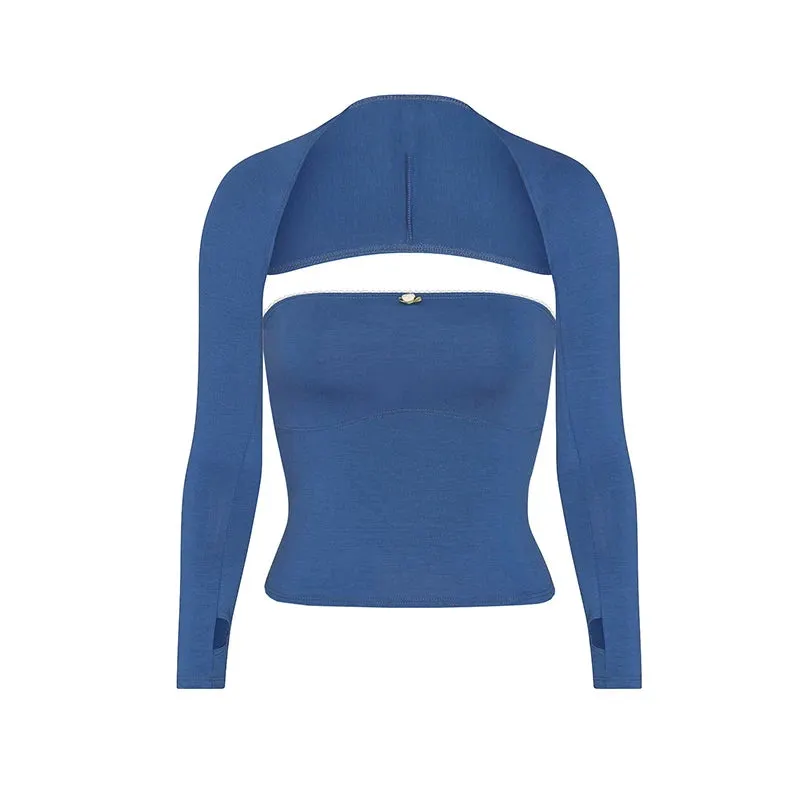 Maxct 2000s Retro Fairy Grunge Backless Camis Crop Tops Cute 2 Piece Set Chic Strapless Tube Tops Y2K Long Sleeve Shrug T Shirt