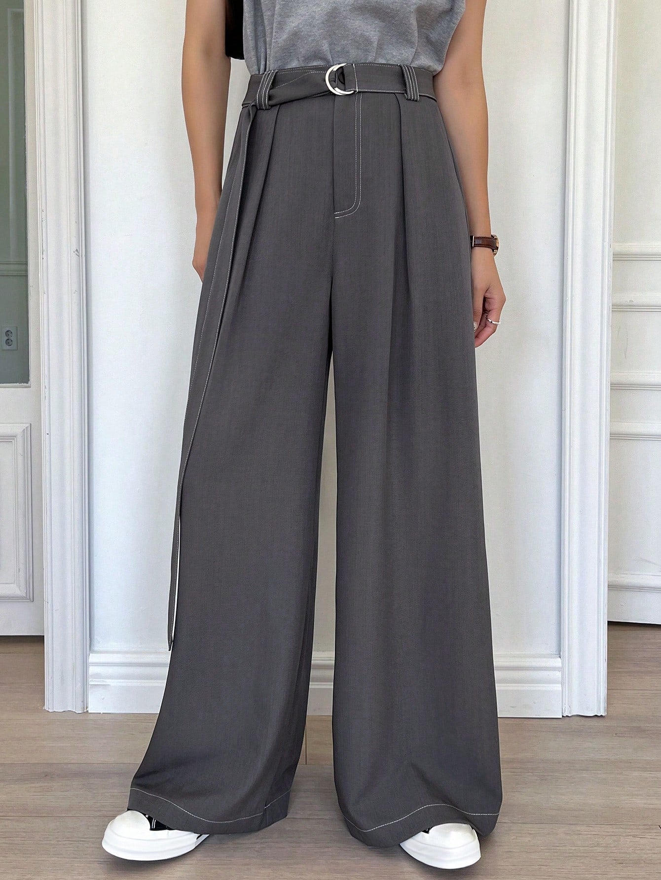 Maxct Stitching Decor Belted Wide-Leg Trousers With Pockets For Women's Suit Pants