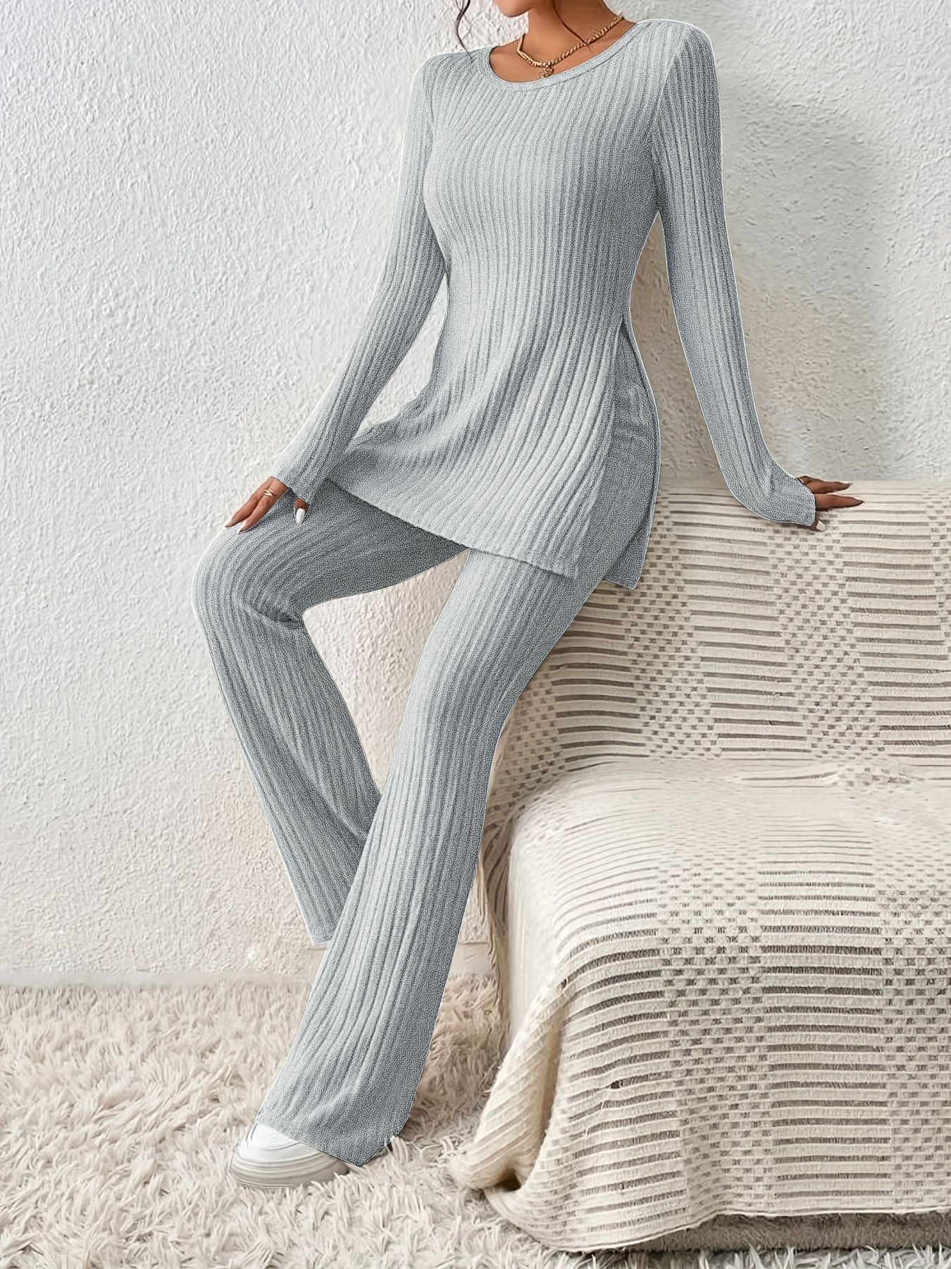 Solid Textured Two-piece Set, Long Sleeve Slit Long Length Top & Skinny Pants Outfits, Women's Clothing