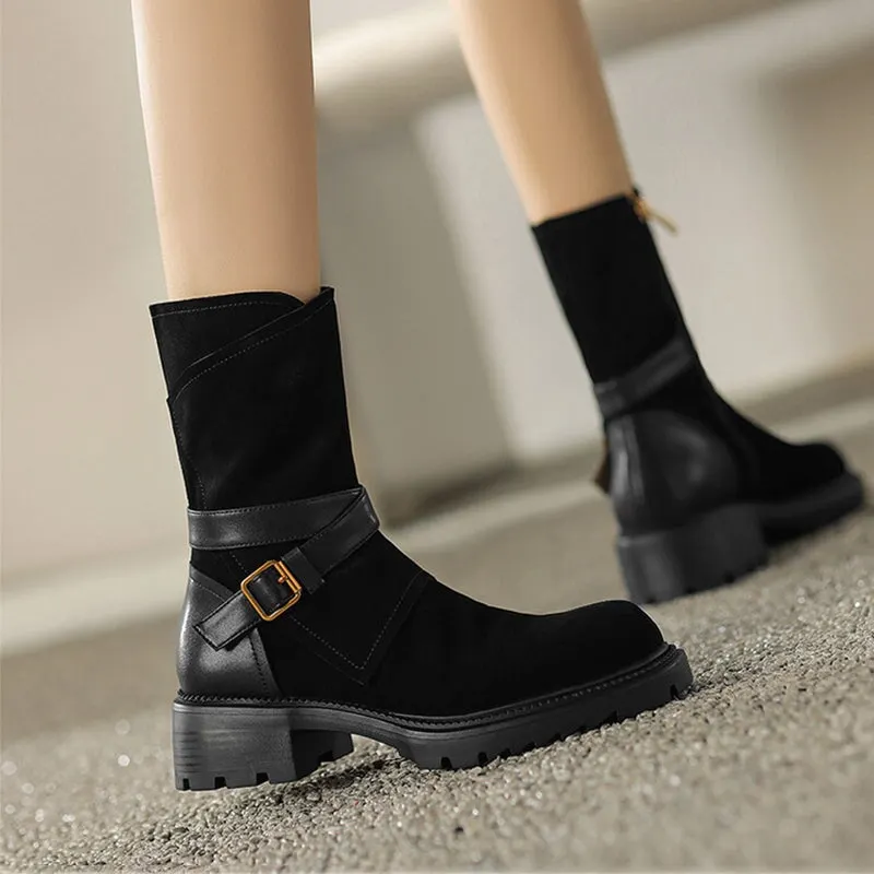 Womens Suede Mid Calf Boots for Winter Buckles Boots Maxct