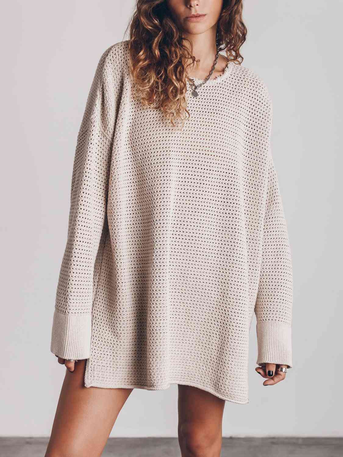 Maxct &Openwork Round Neck Long Sleeve Slit Sweater