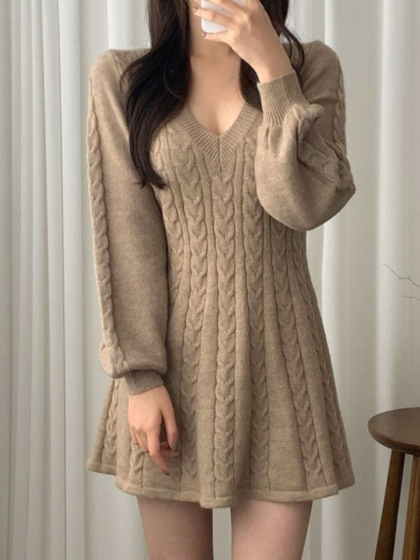 V Neck Cable Knit Long Sleeve Mini Dress Maxct