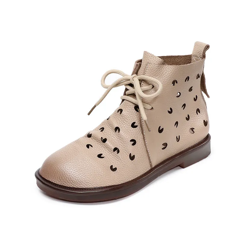 Women Summer Leather Hollow Lace Up Soft Sole Boots