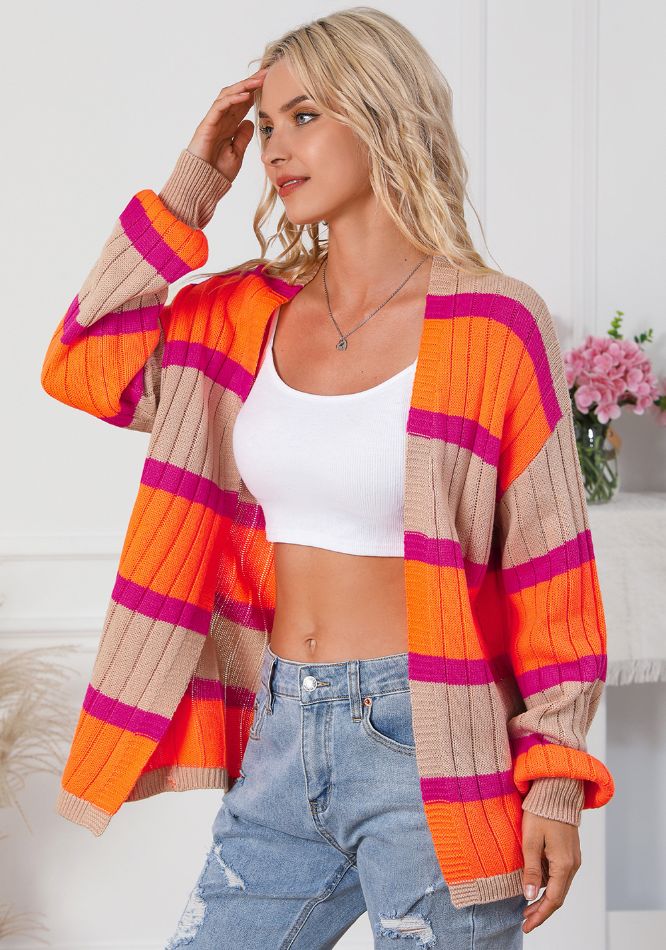 Maxct &Contrast Striped Drop Shoulder Open Front Cardigan