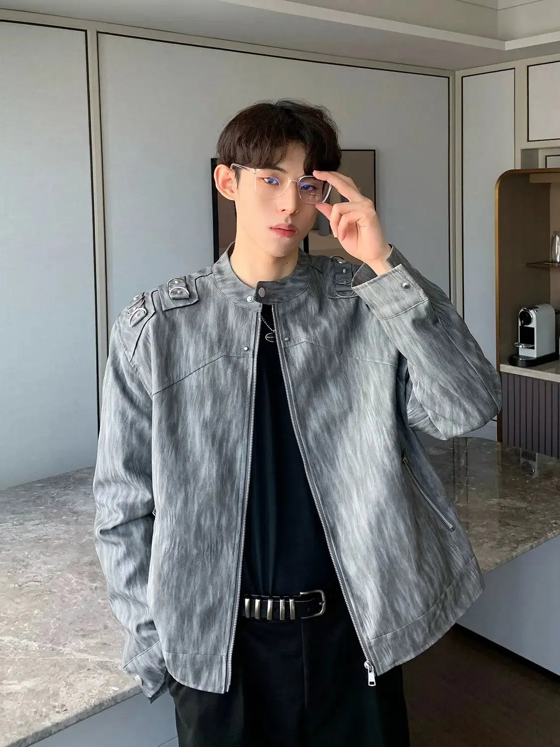 Maxct Metal Design Shoulder Pad PU Leather Jacket