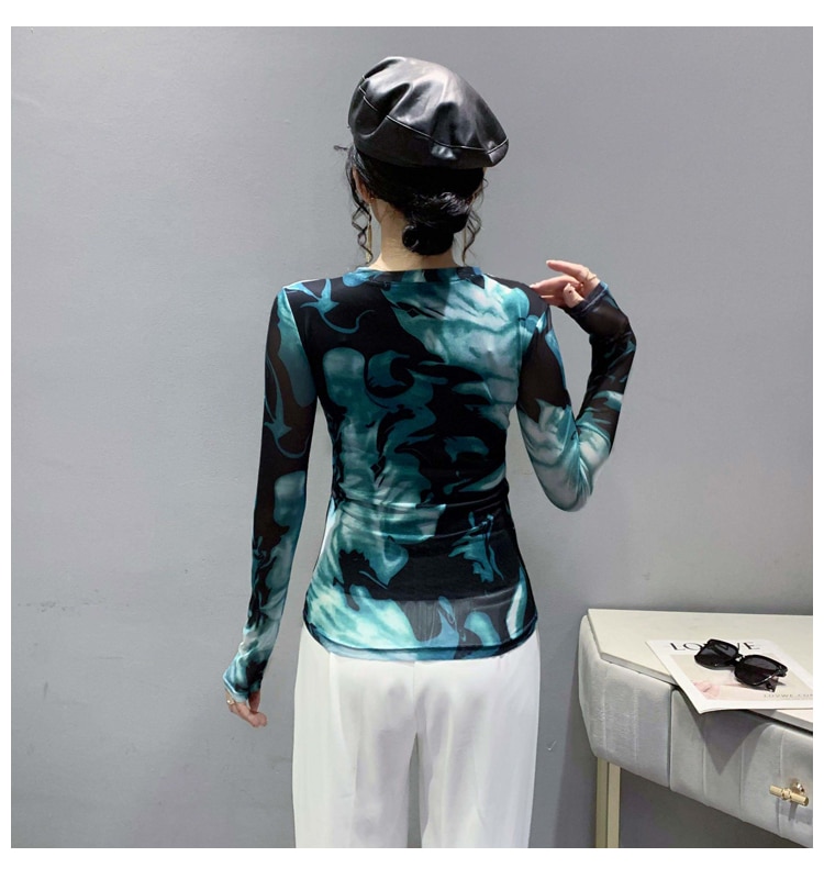 Maxct Full Sleeve O-Neck T-shirt Girls Stretchy Printed Mesh TShirts Tops Woman Stretchy Slim Tee