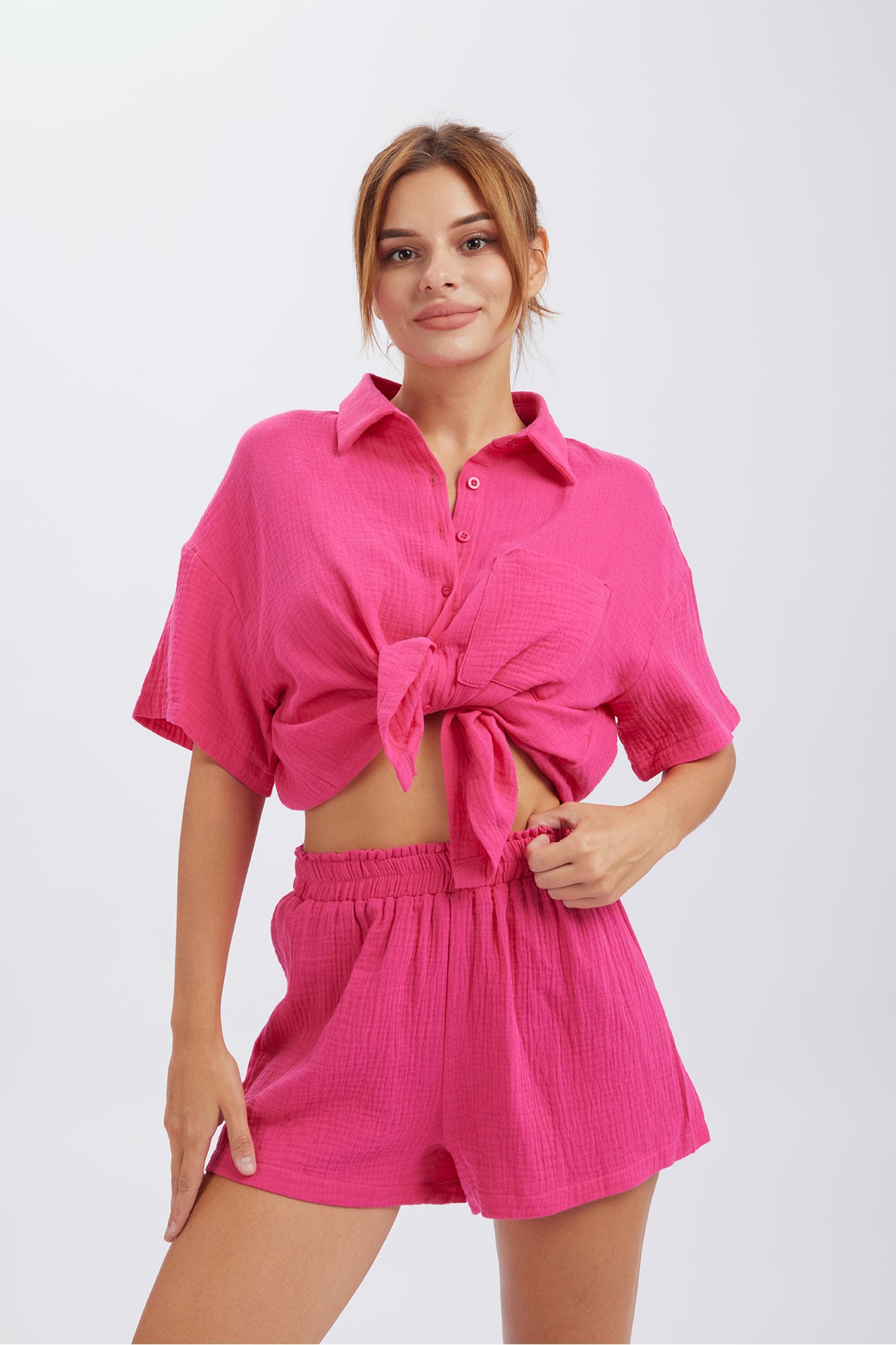 Maxct Solid Color Short Sleeve Shirt Cotton Two-piece Shorts Set