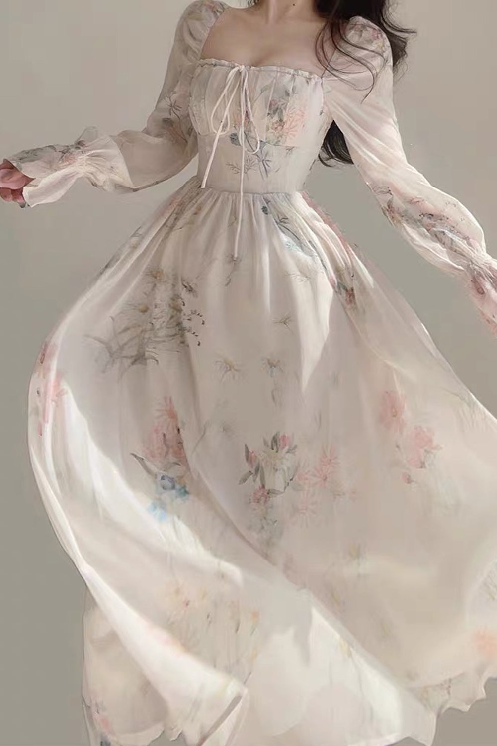 Long Sleeve Retro Floral Pattern Long Dress Maxct