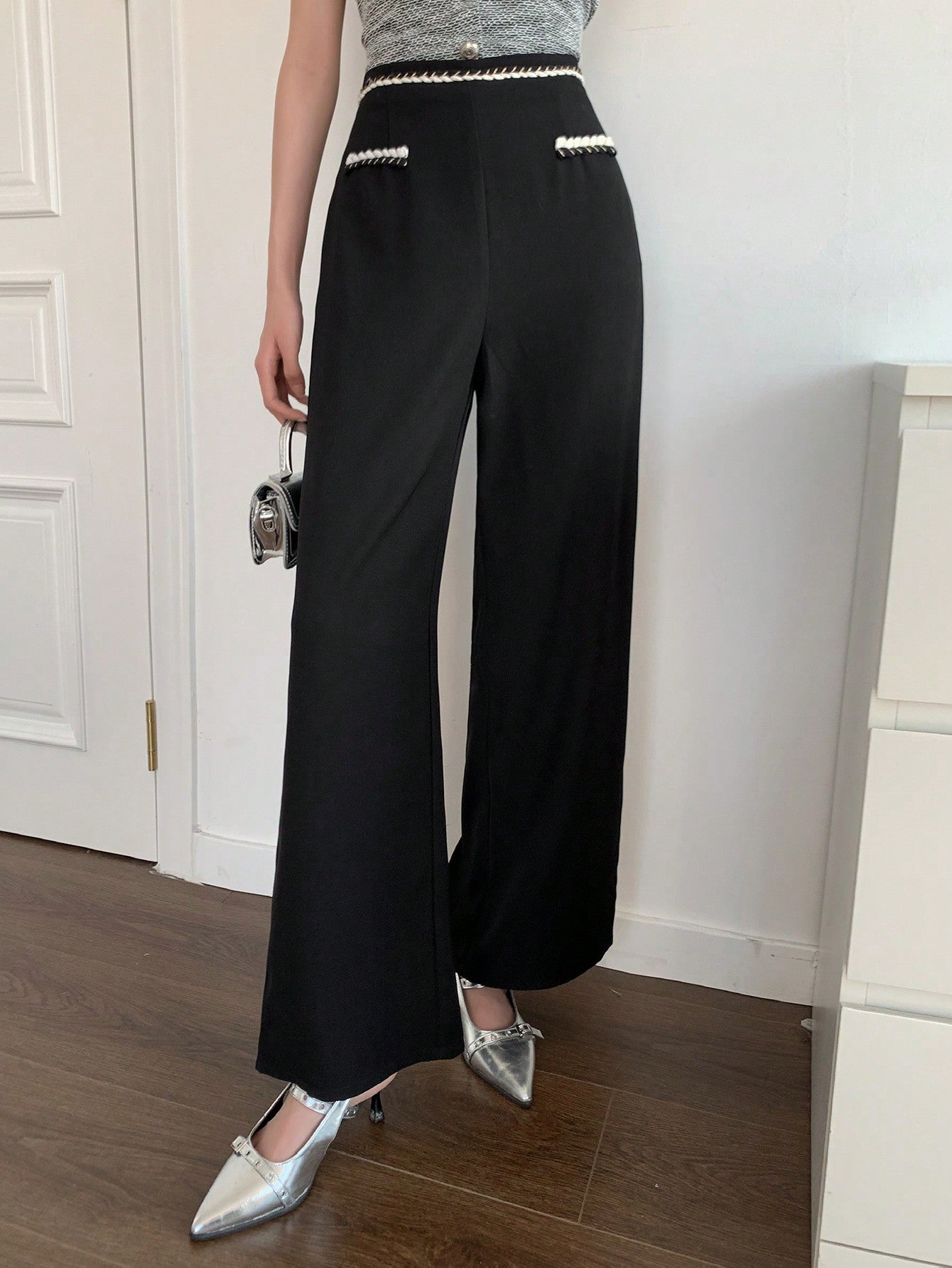 Maxct Women's Casual Woven Belt Splice Wide Leg Suit Pants