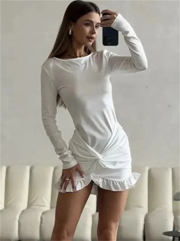 Ruffled Twist Skinny MIni Dress Long Sleeve Patchwork High Waist Party Dress FeY2k Bodycon Dress Maxct